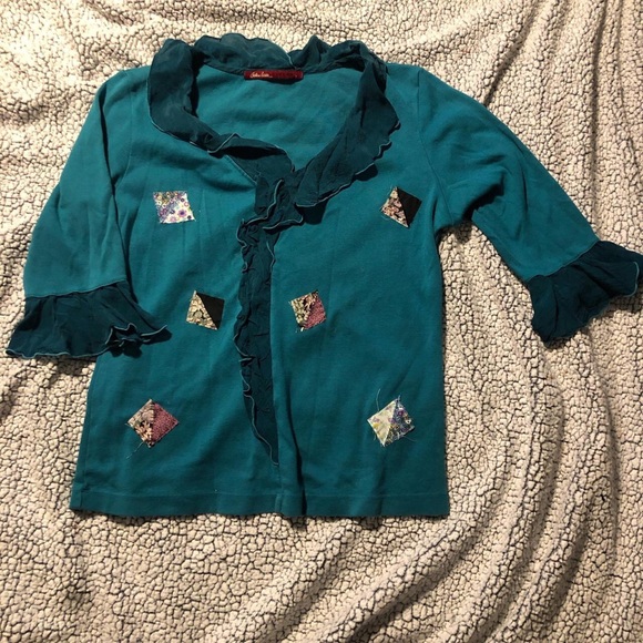 Funky Vintage Teal patchwork blouse with ruffle Peter Pan collar & 3/4 sleeves - Picture 6 of 8